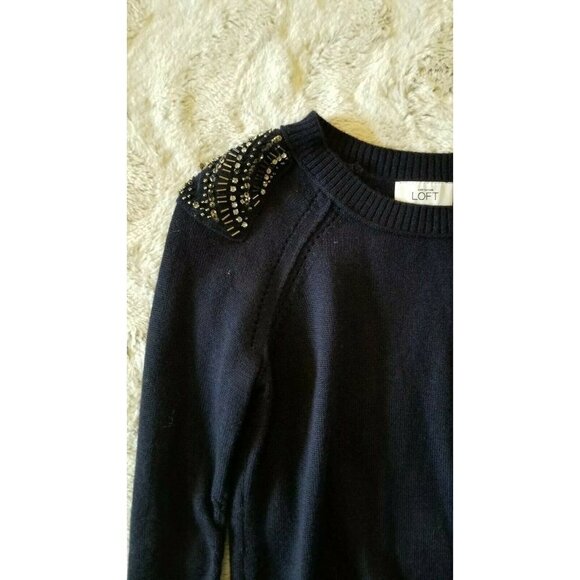 Loft Wool Blend Navy Blue Decorated Sequin Shoulder Sweater Size XS - Picture 3 of 8